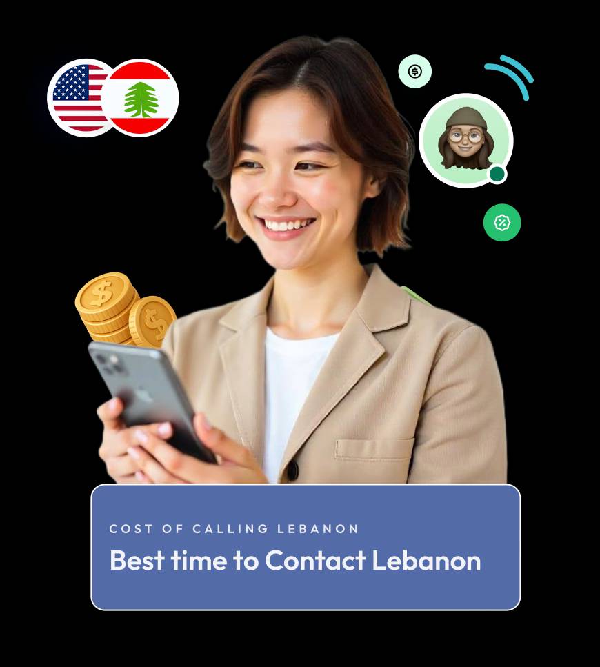 a smiling woman holding a smartphone, surrounded by floating graphics of the us and lebanon flag