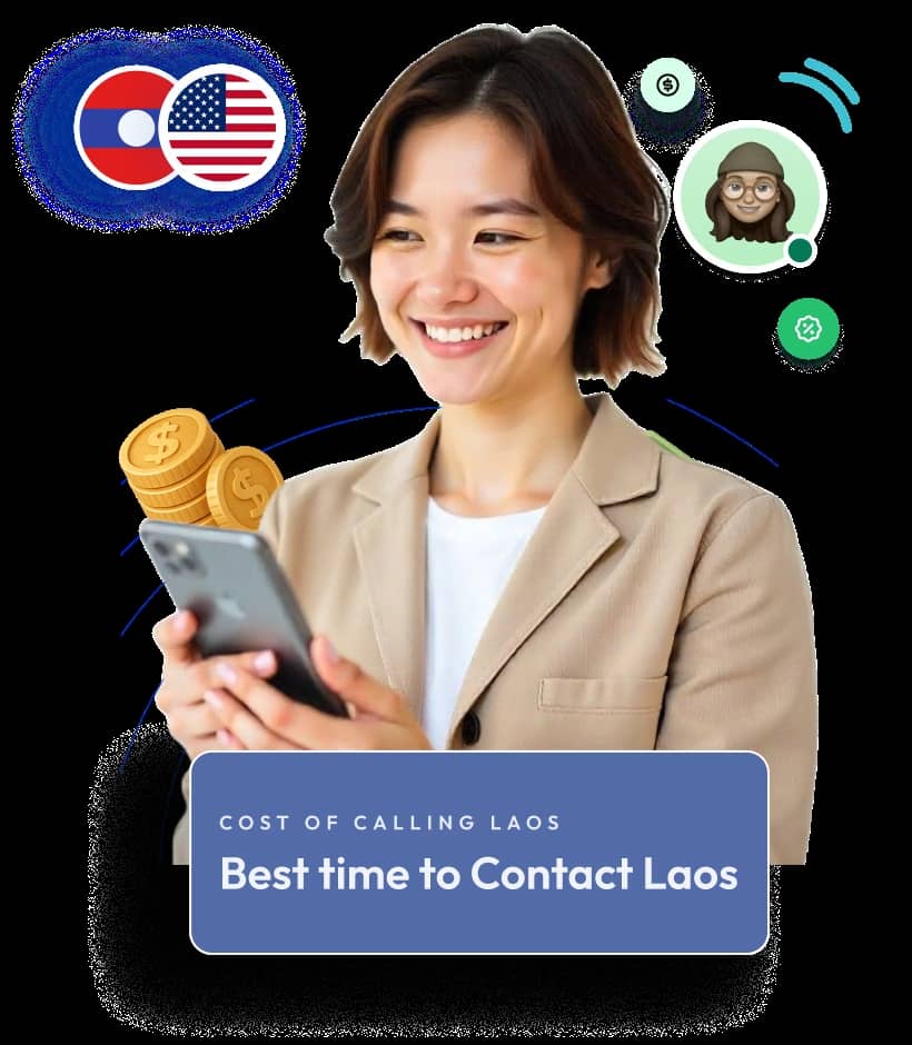 a woman holding a phone with a banner reading best time to contact laos