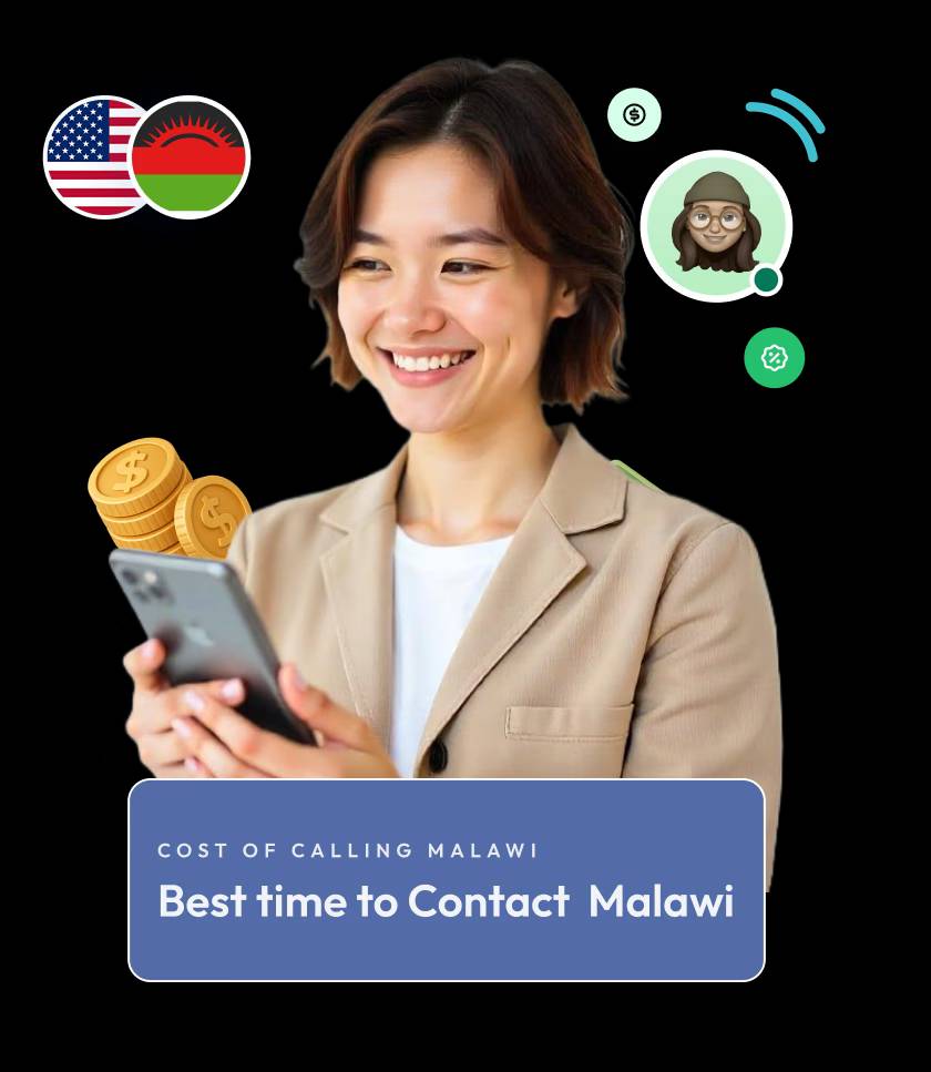 a smiling woman holding a smartphone under us and malawi flags reading best time to contact malawi