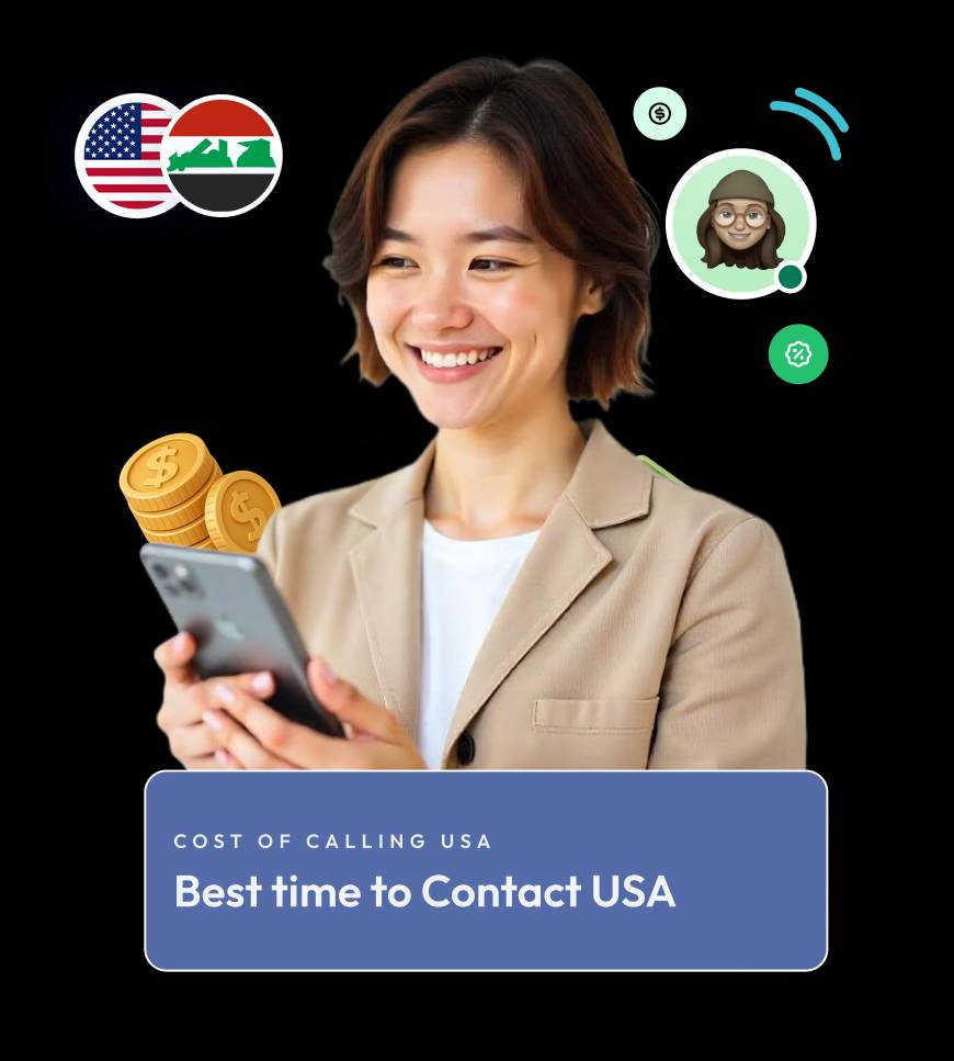 a girl looking on mobile and showing cheapest and best time to make international calls from iraq to the usa