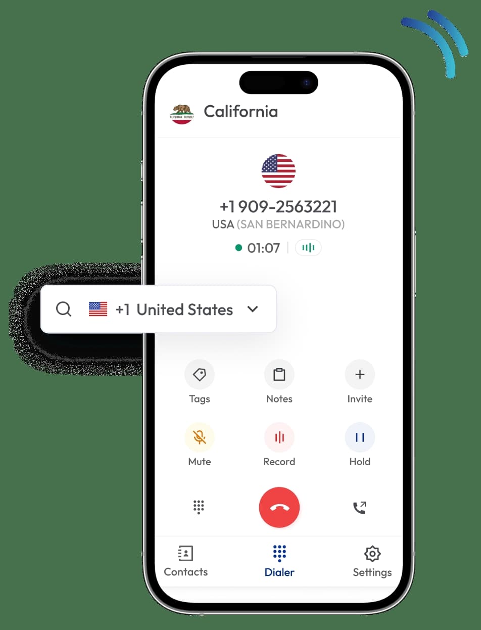 909 area code California number on mobile calling app with US flag