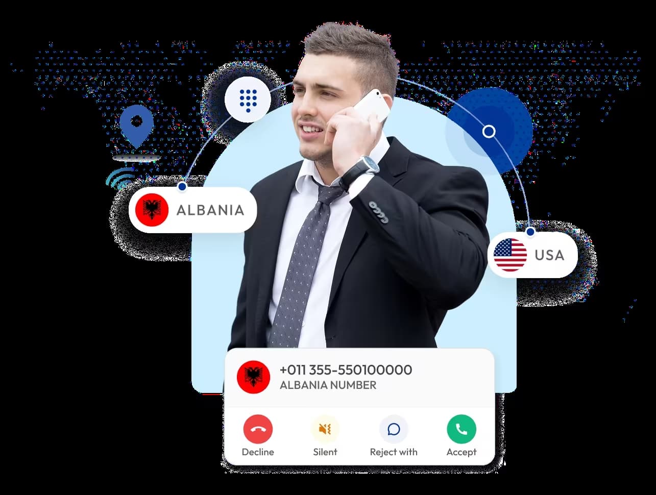 businessman using an international virtual phone number service to connect calls between albania and the usa