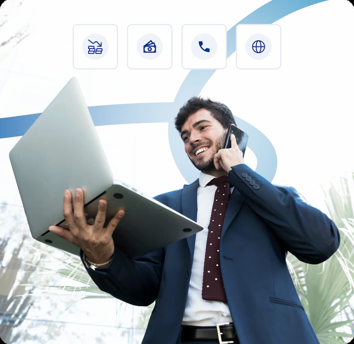 a man speaking on the phone, with a text message displayed on the screen in front of him