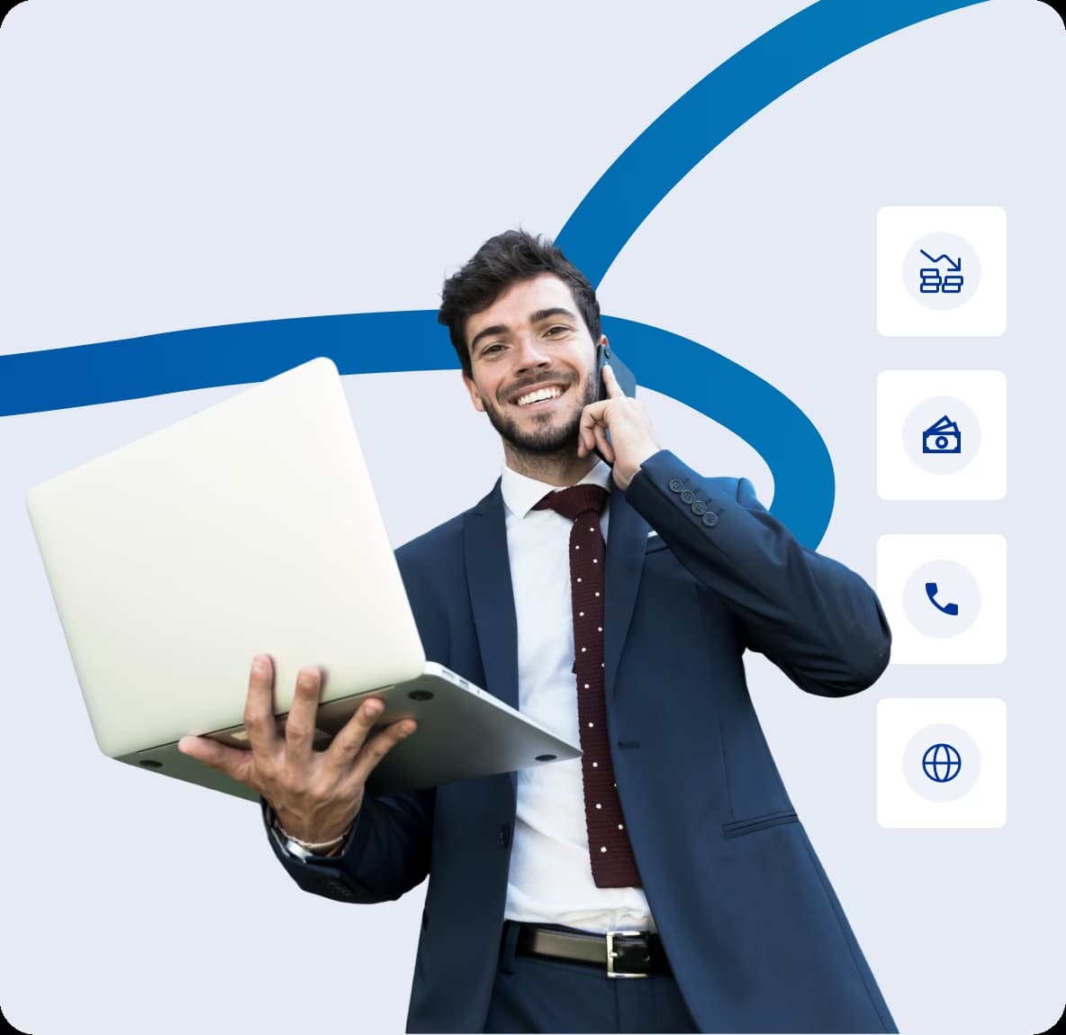 Professional man in suit making business phone call with laptop and connectivity icons