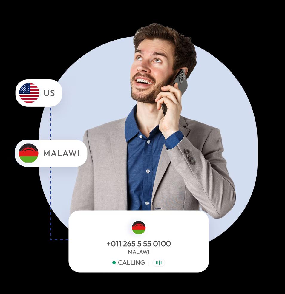 a man in a suit talking on his phone with a calling interface showing a malawi phone number