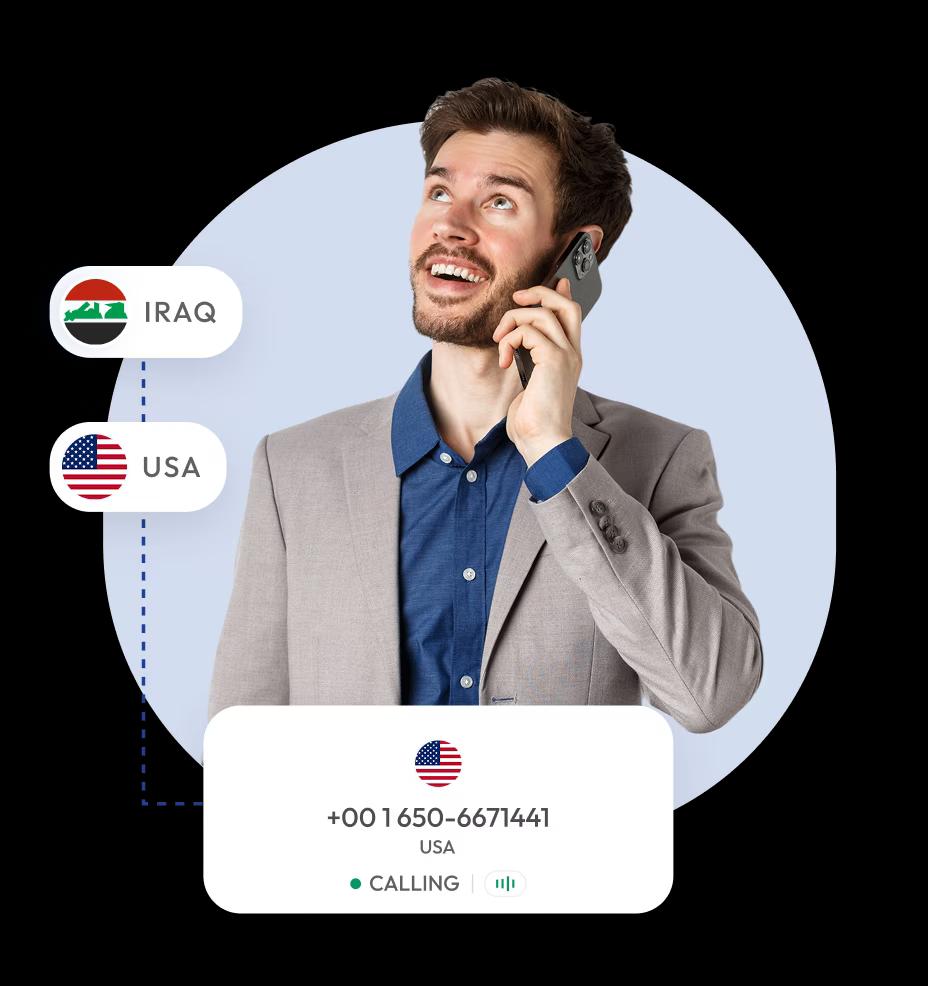 businessman using a virtual communication platform to make an international call from iraq to a usa phone number