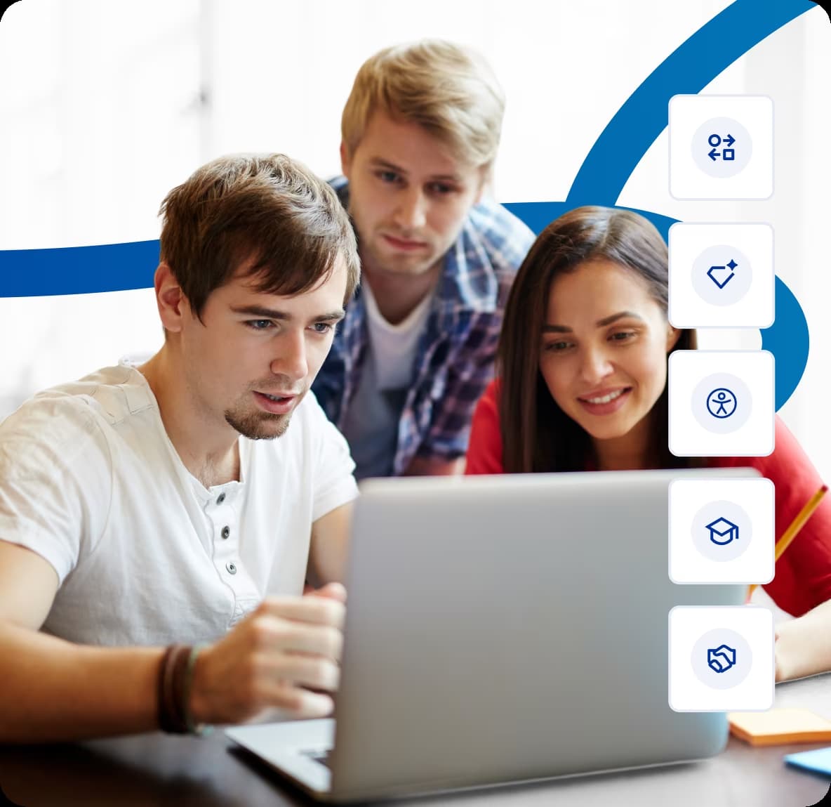 Young professionals using laptop for teamwork with digital communication icons display