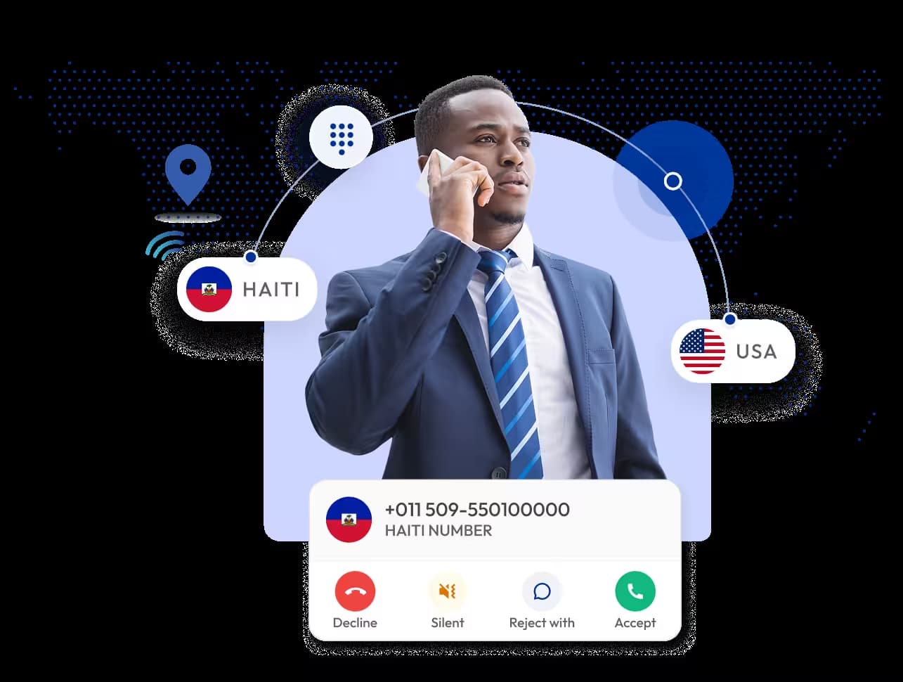 Business man using haiti virtual phone number +509 calling usa