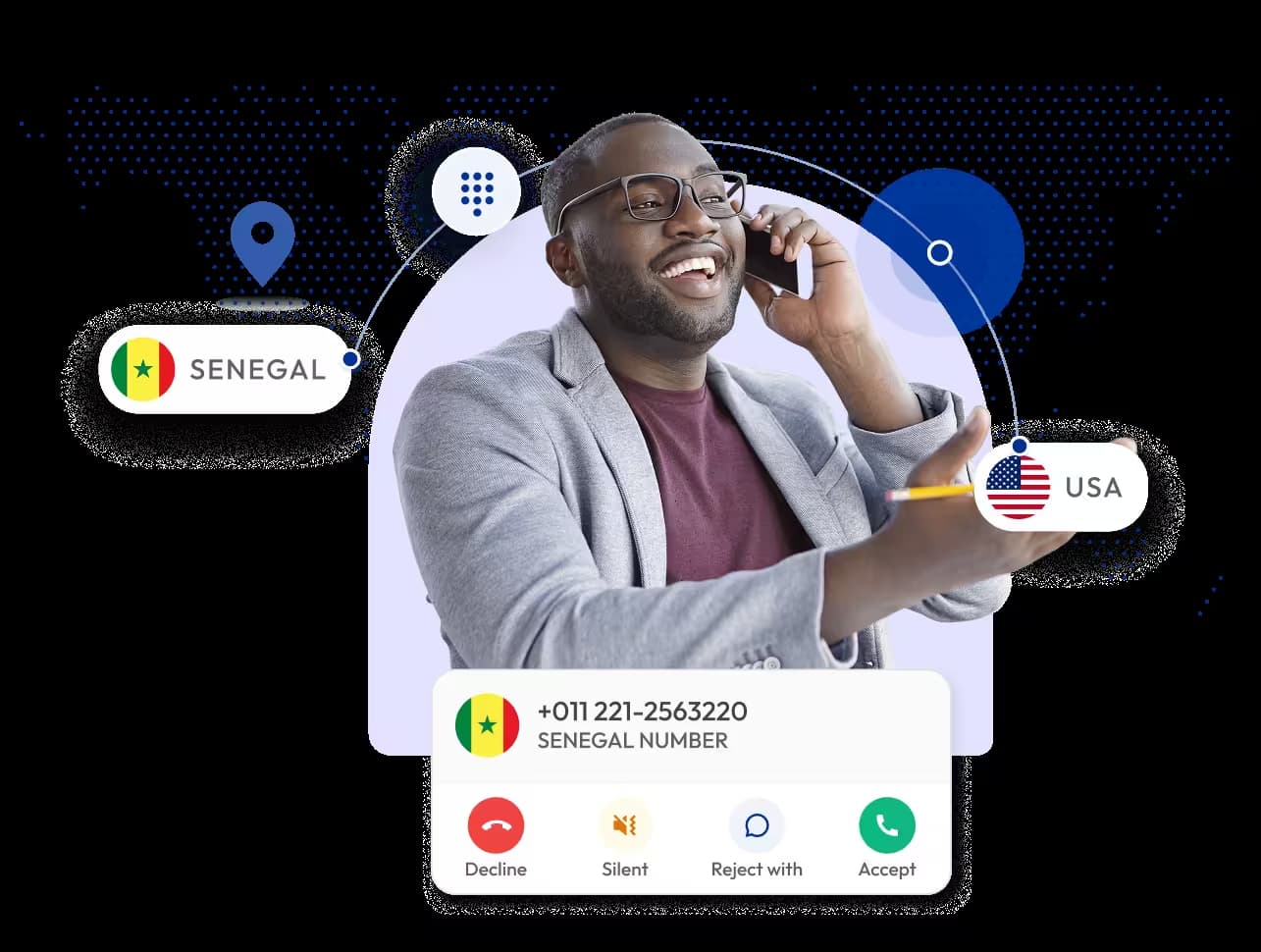businessman using an international virtual phone number service to connect calls between senegal and the usa