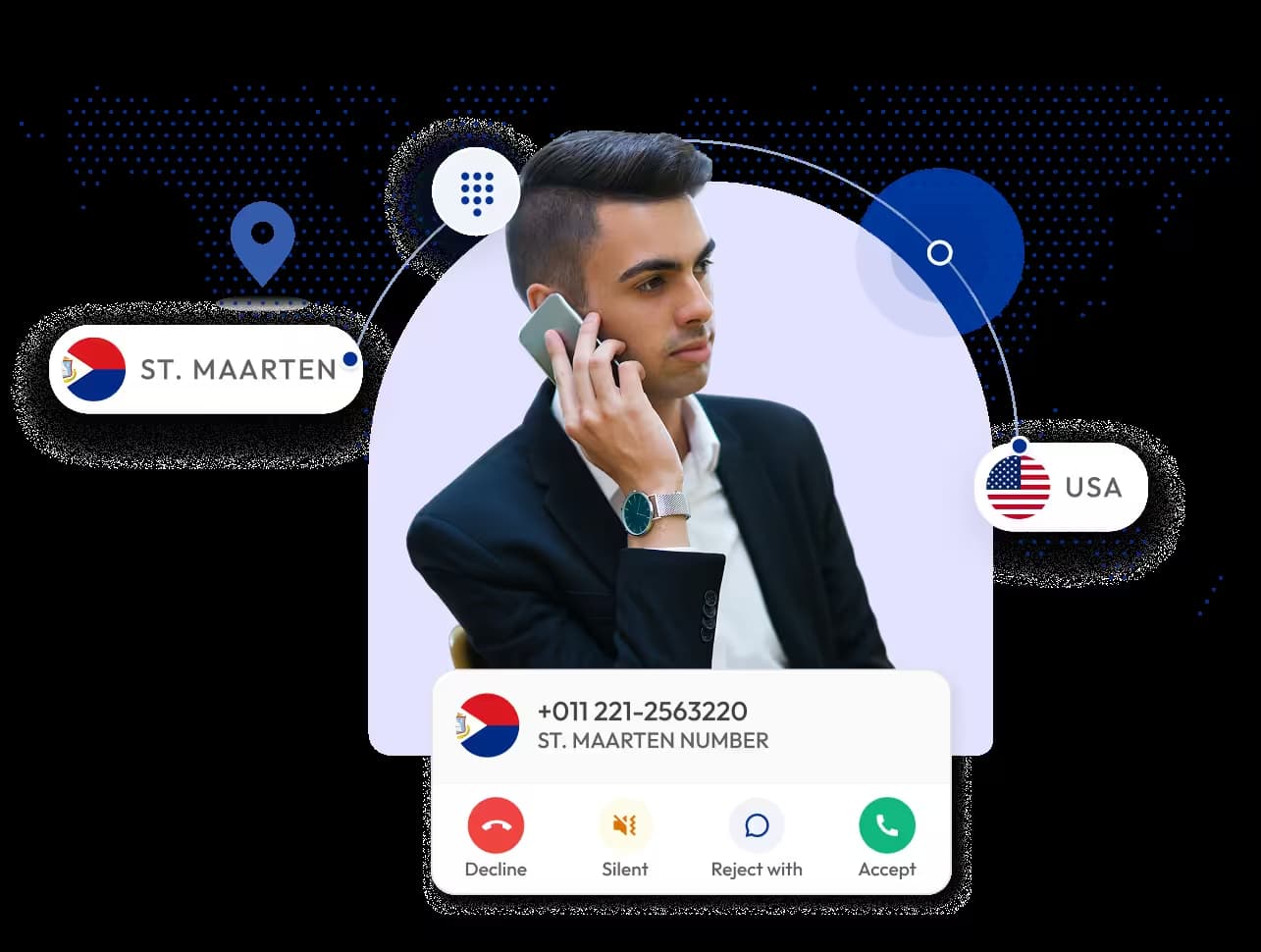businessman using an international virtual phone number service to connect calls between st maarten and the usa