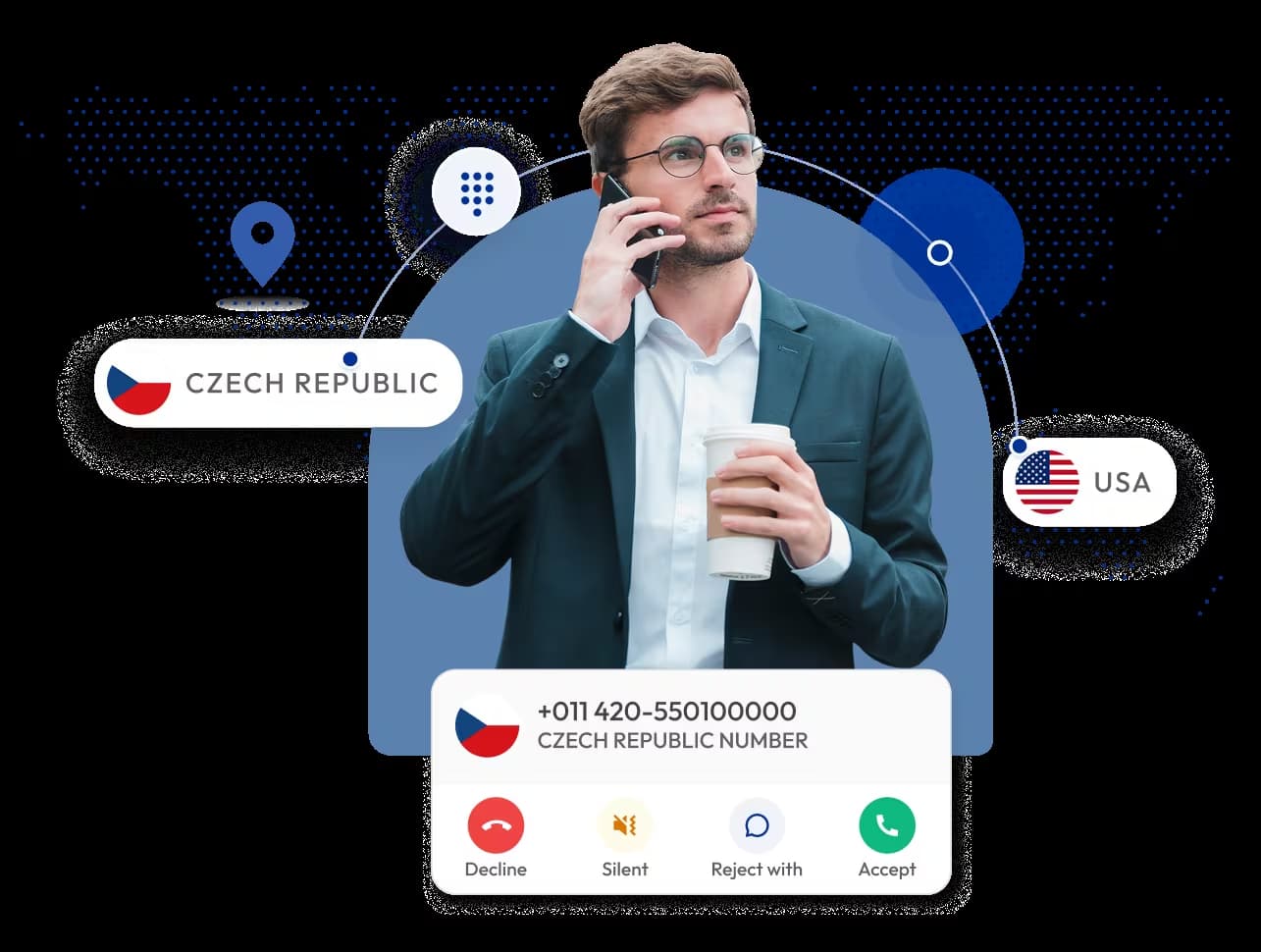 Business man using Czech Republic virtual phone number calling USA