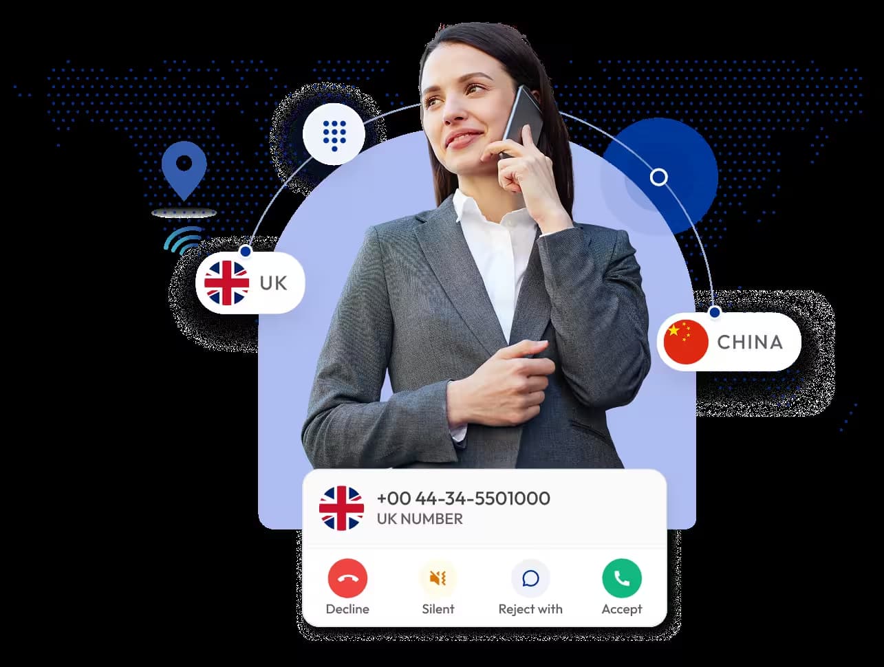 Business woman using uk virtual phone number to call china