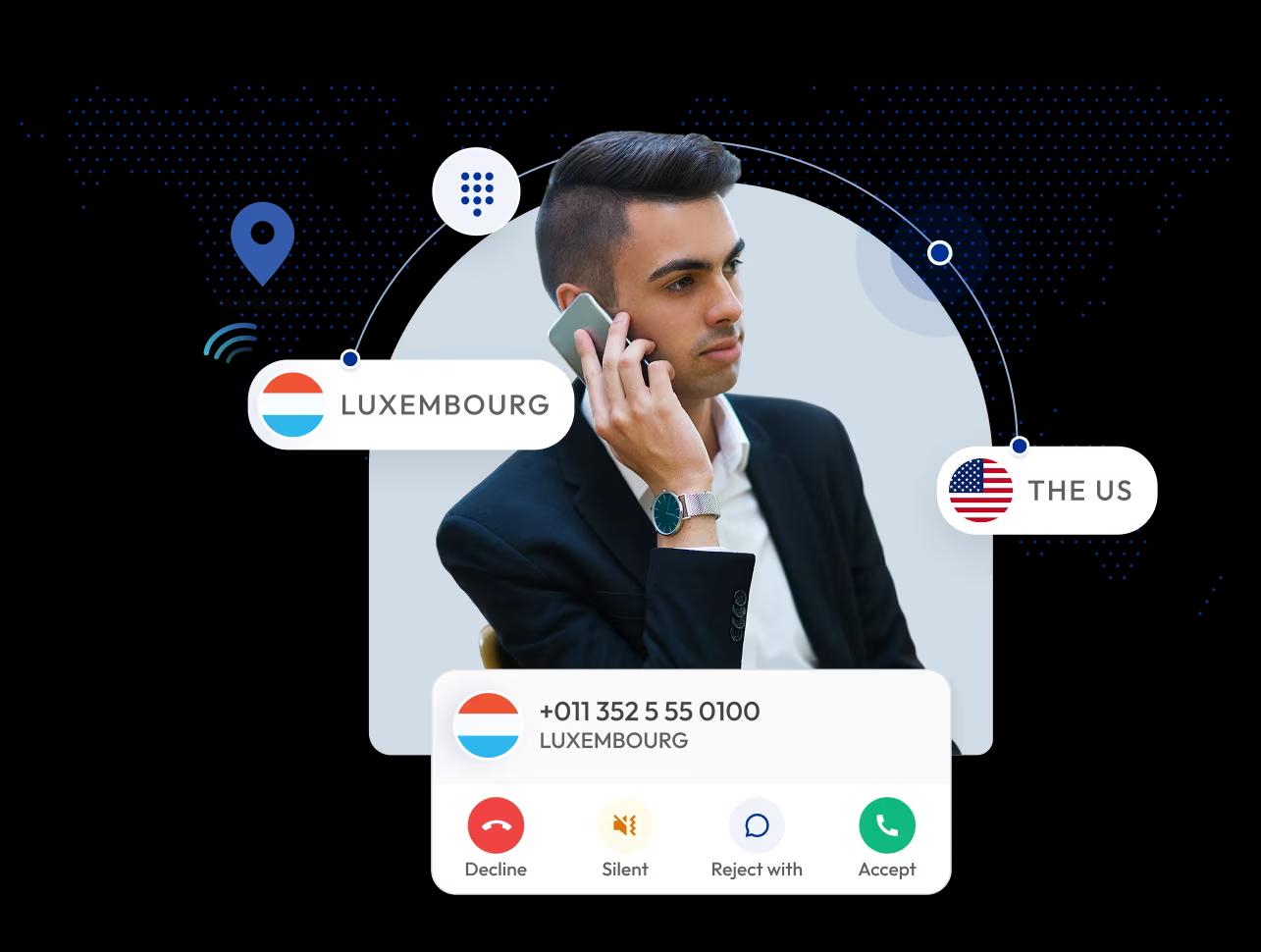 international calling app screen featuring a Luxembourg country code phone number format