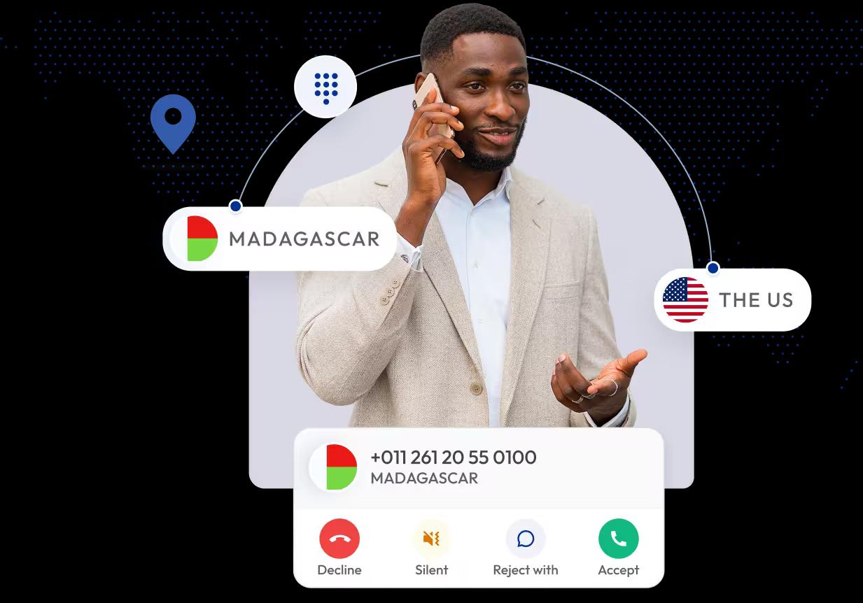 international calling app interface showing a business professional making a phone call from the usa to madagascar