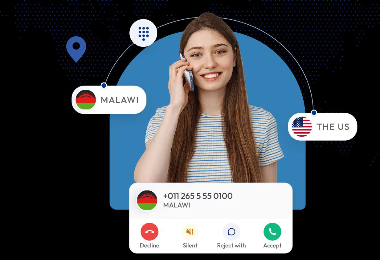 incoming international call from malawi on a smartphone interface with a smiling woman on the phone