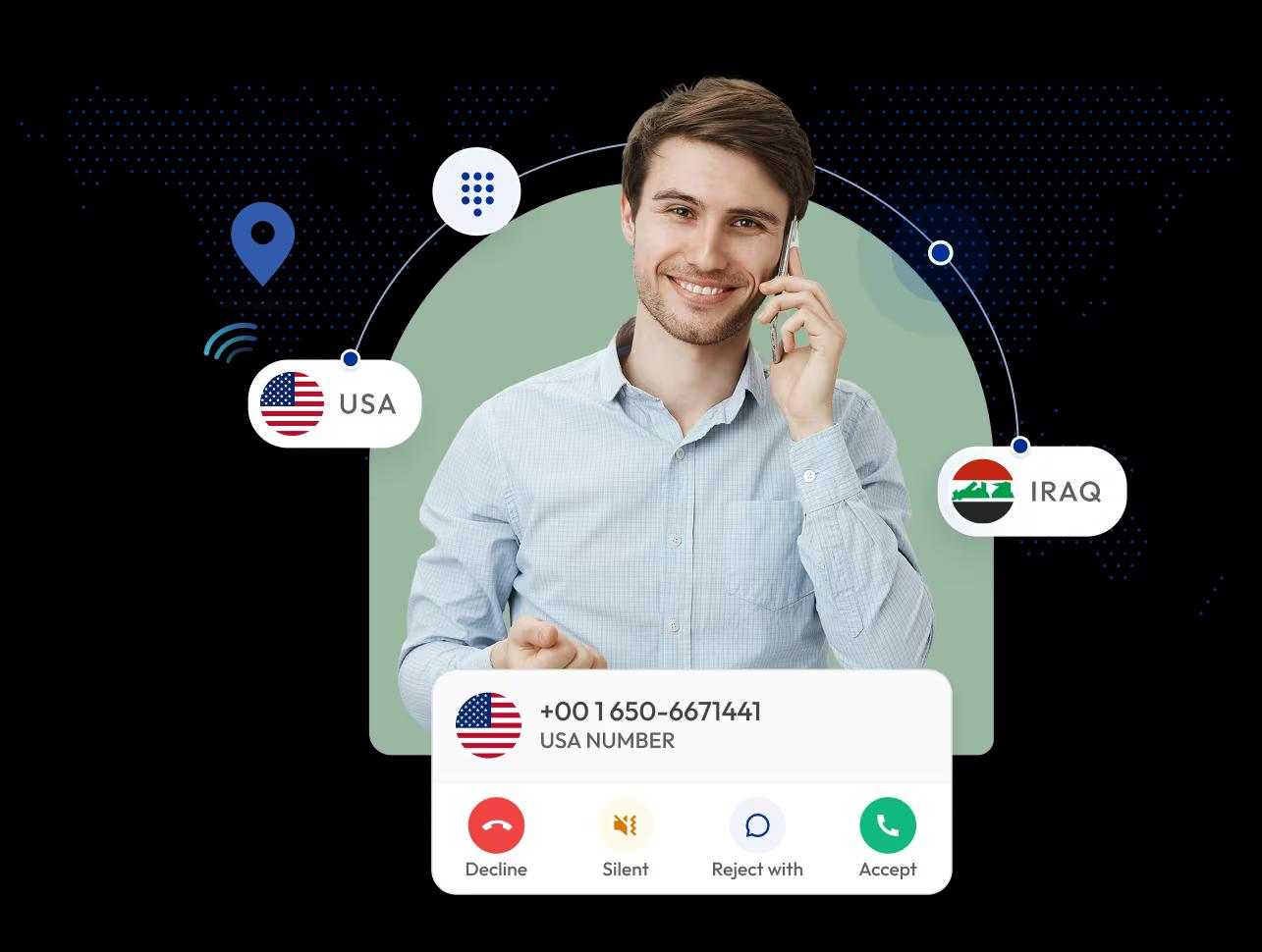 man using a global virtual phone number service to receive international calls from the usa to iraq