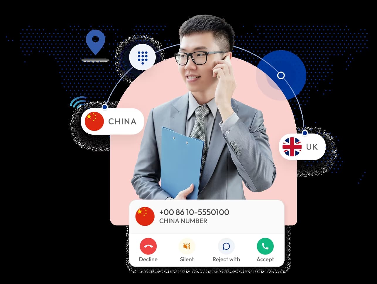business woman using an international virtual phone number service to connect calls between china and the uk