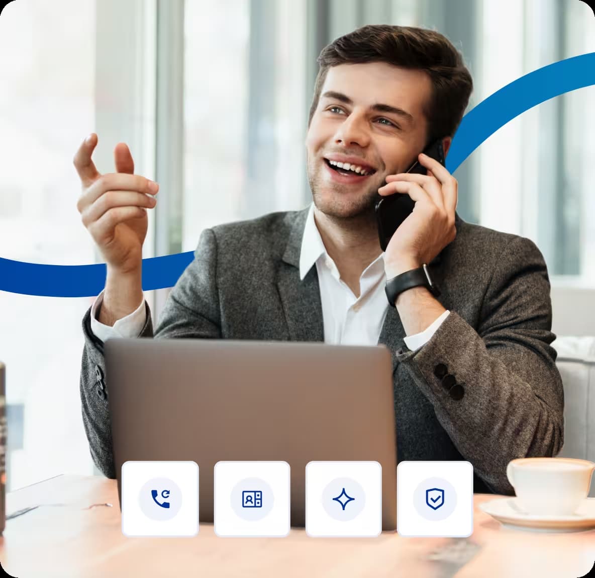 a young professional talking on a phone in a modern office setting with business communication icons displayed below