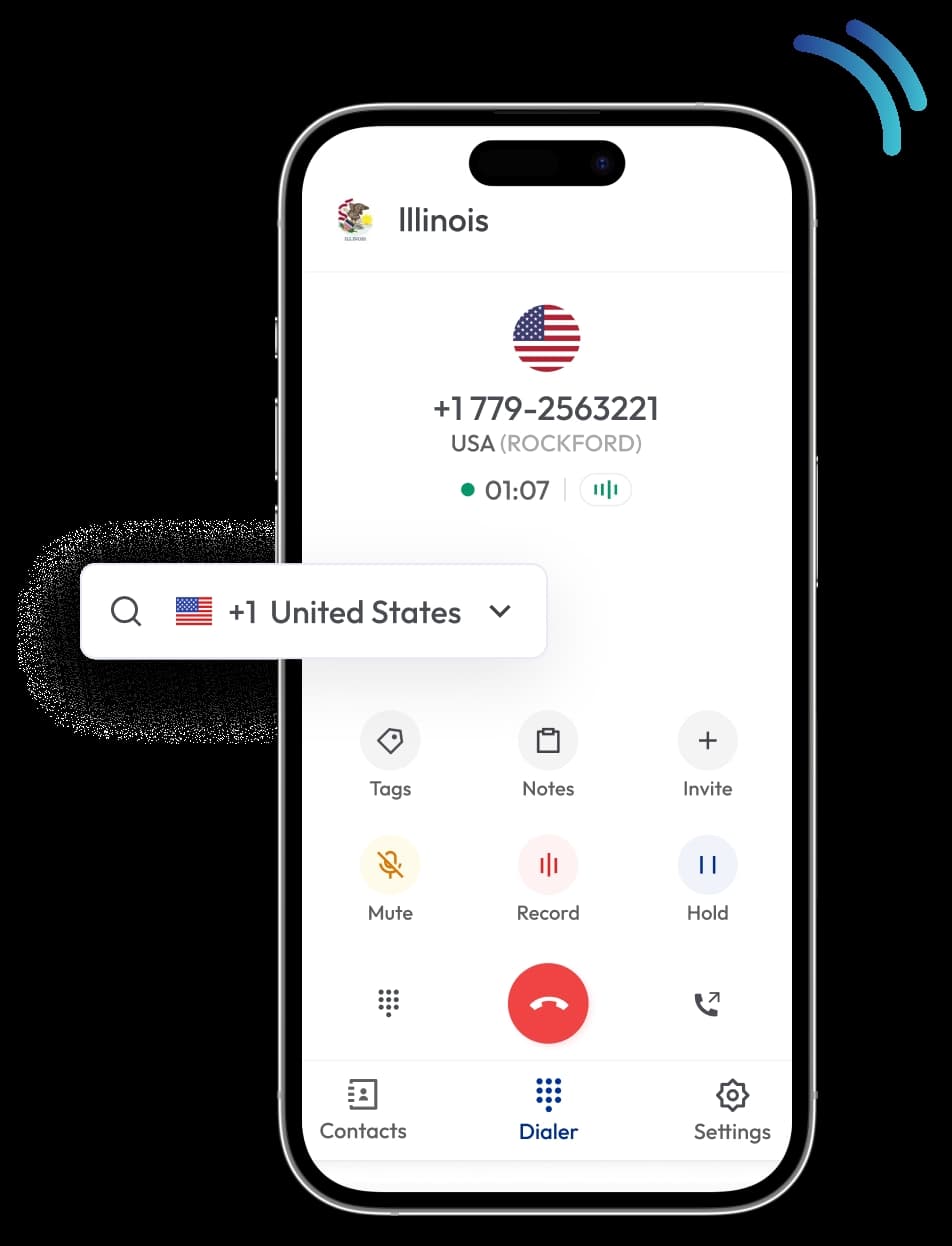 Calilio app calling with 779 Illinois virtual phone number