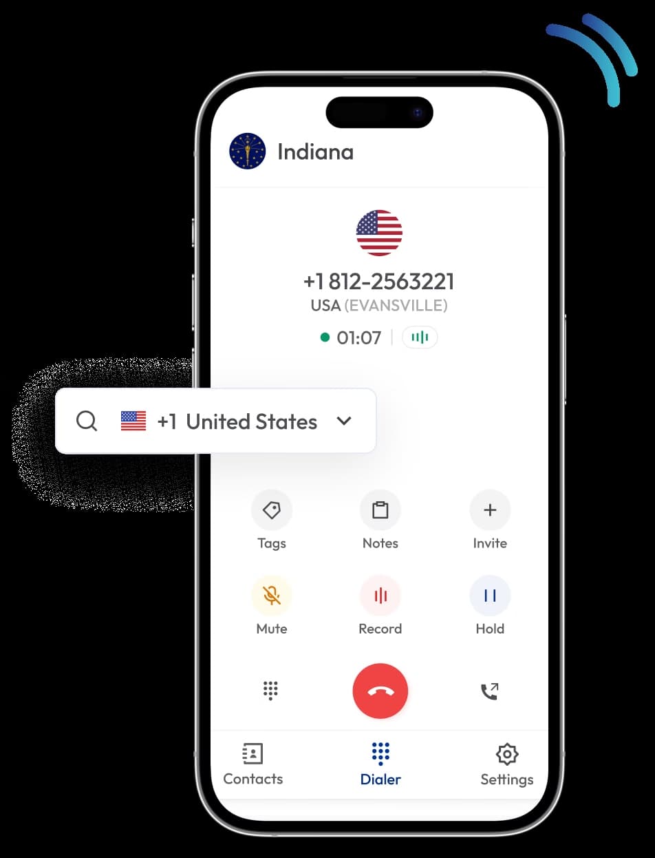 Calilio app calling with 812 Indiana virtual phone number USA