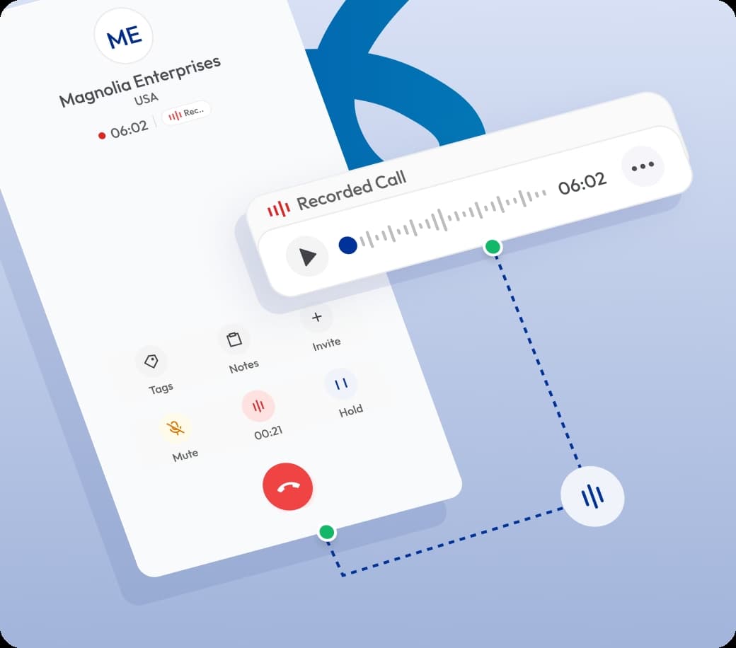 Business VoIP call recording interface with live audio waveform