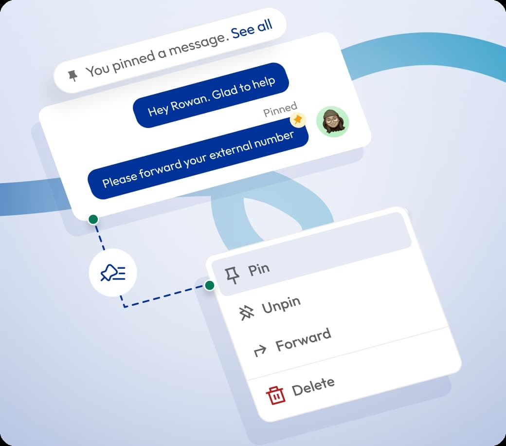 chat message interface with a context menu showing options to pin, unpin, forward, or delete