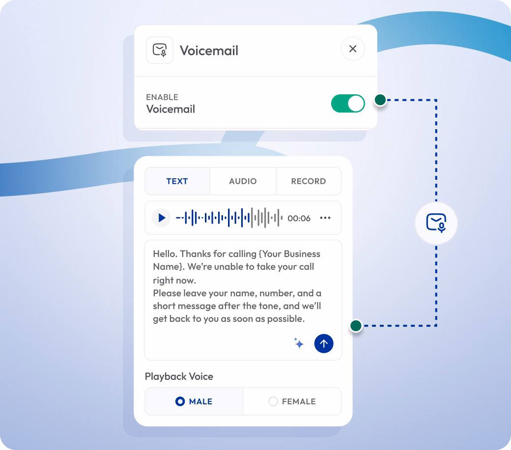 voicemail settings page with options to enable voicemail and customize the greeting