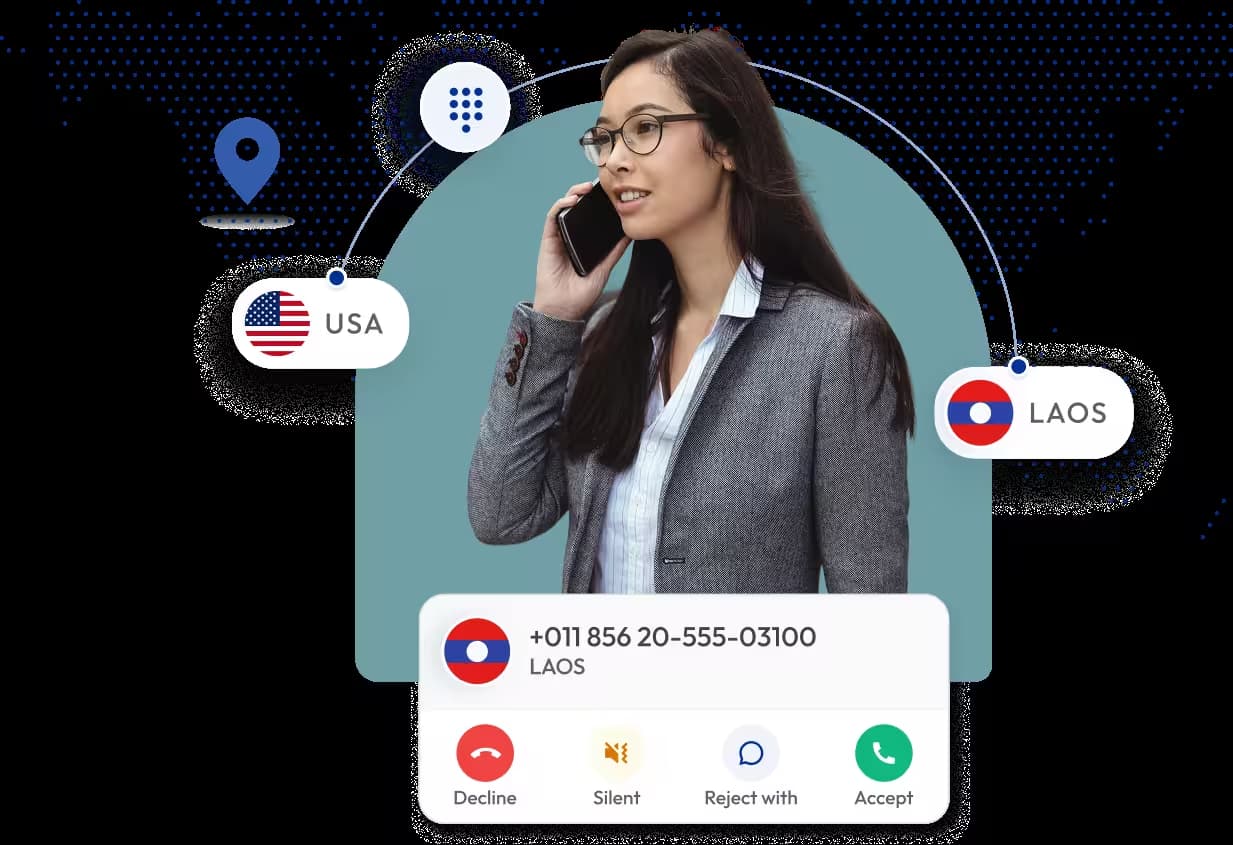interface displaying an incoming international call from laos to a user in the usa