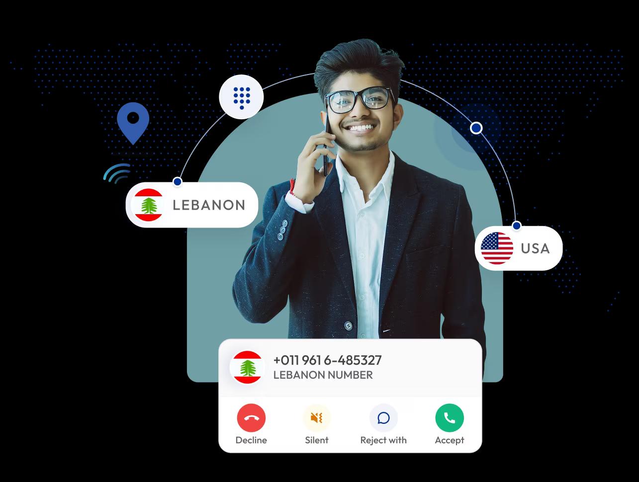 a digital illustration showing a smiling man in a light blue shirt talking on a mobile phone while making a call to lebanon from the united states