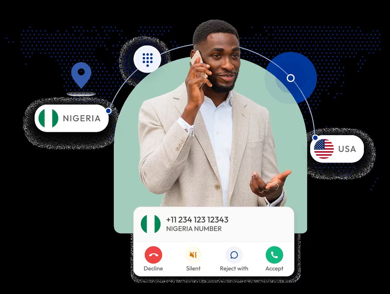 businessman using an international virtual phone number service to connect calls between nigeria and the usa
