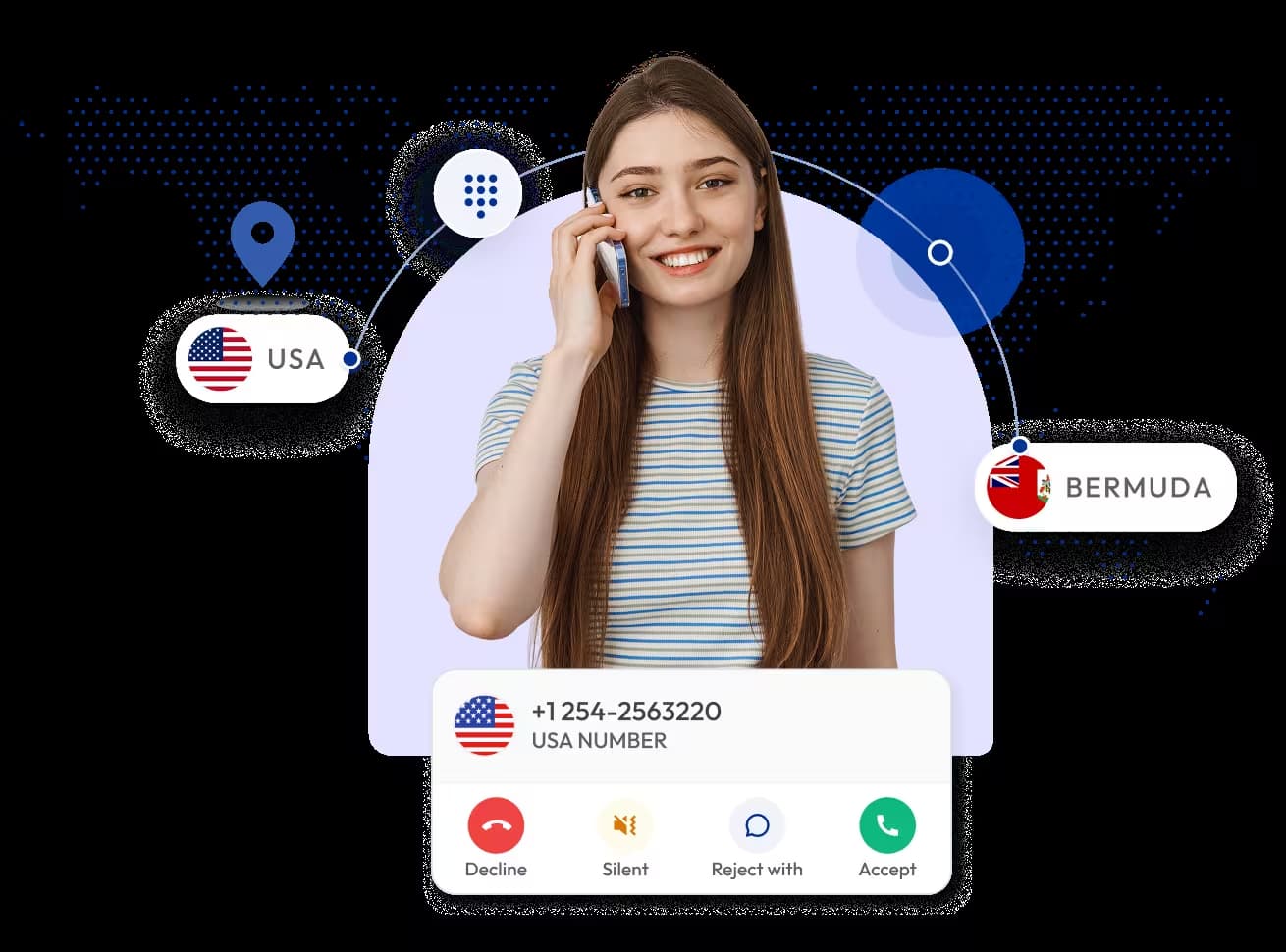 A smiling woman on a phone call, with a stylized world map background showing location markers for the USA and Bermuda, illustrating an international call connection.