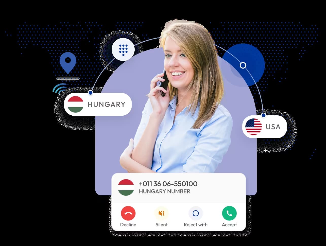 business woman using an international virtual phone number service to connect calls between usa and hungary