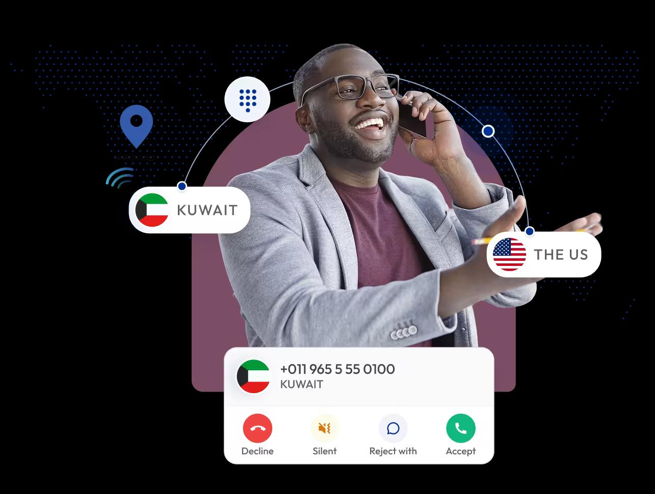 businessman using an international virtual phone number service to connect calls between kuwait and the usa