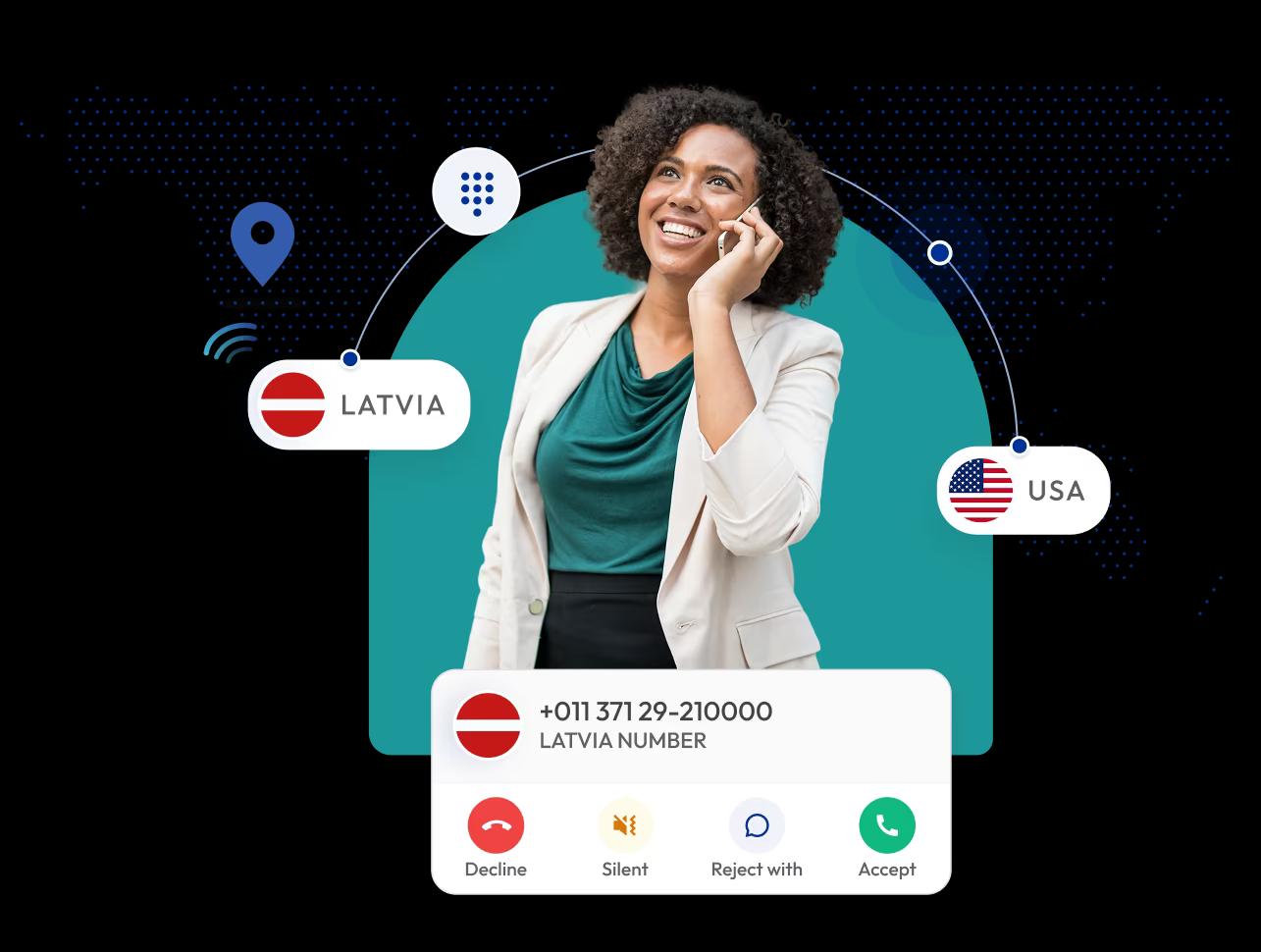 business woman using an international virtual phone number service to connect calls between latvia and the usa