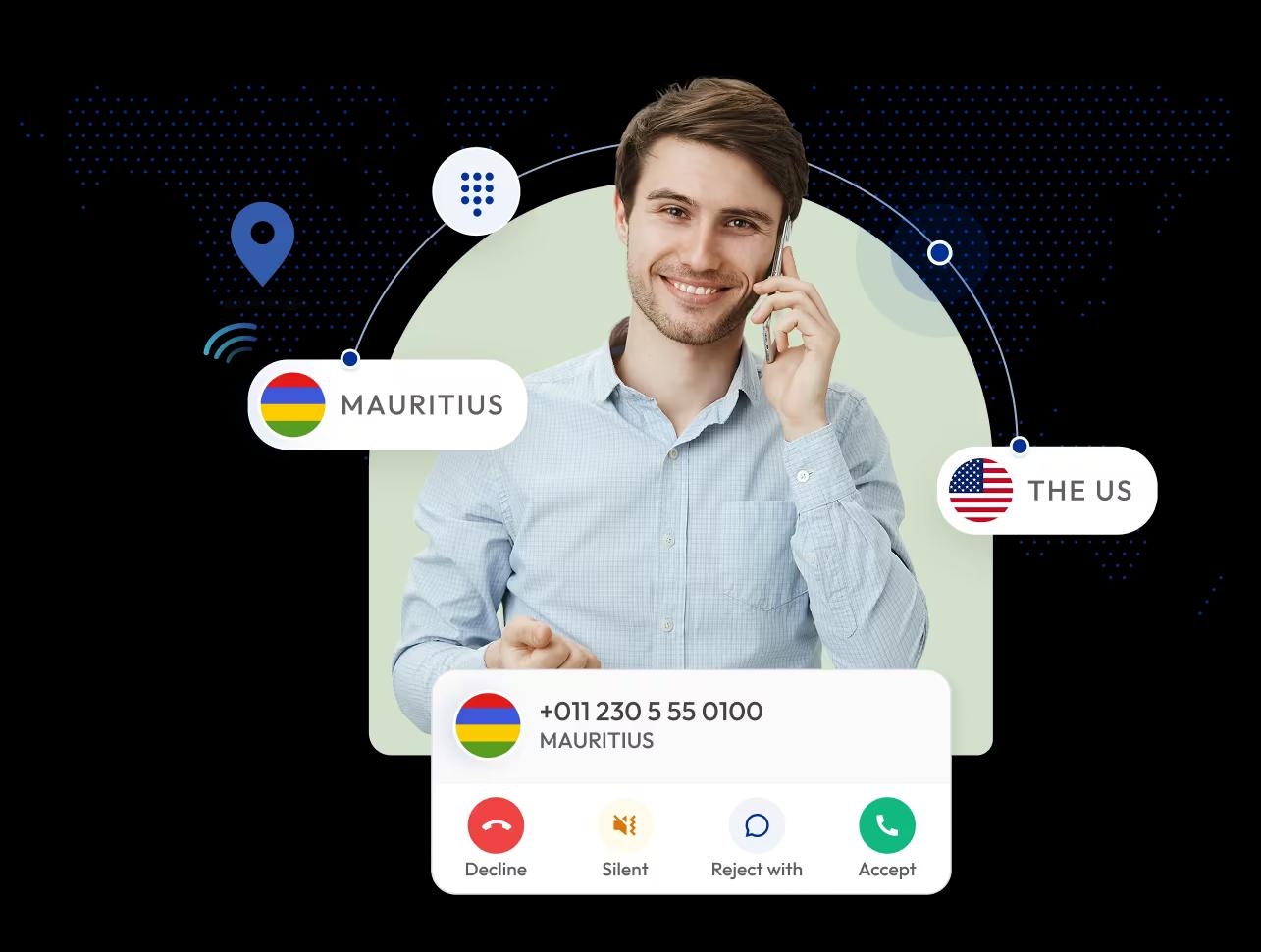 man using an international virtual phone number service to connect calls between mauritius and the usa