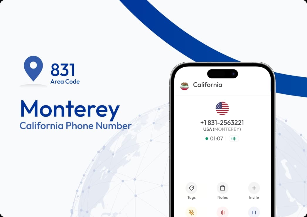 Mobile app screen displaying a Monterey California 831 area code virtual phone number for business communications