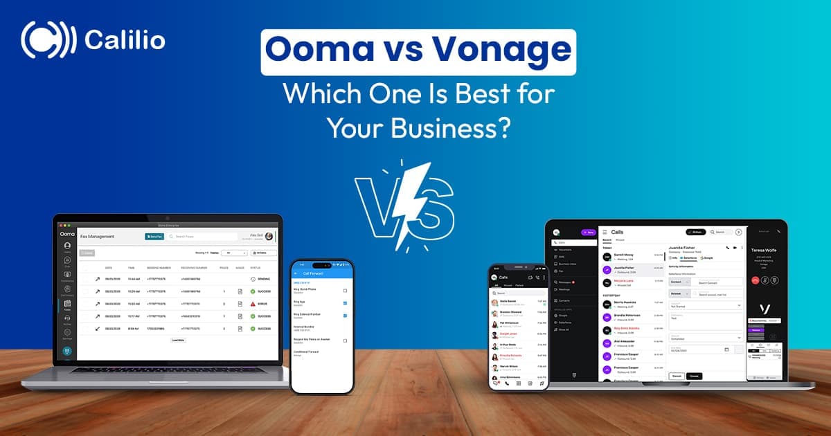 Laptop and mobile displaying ooma and vonage interface.