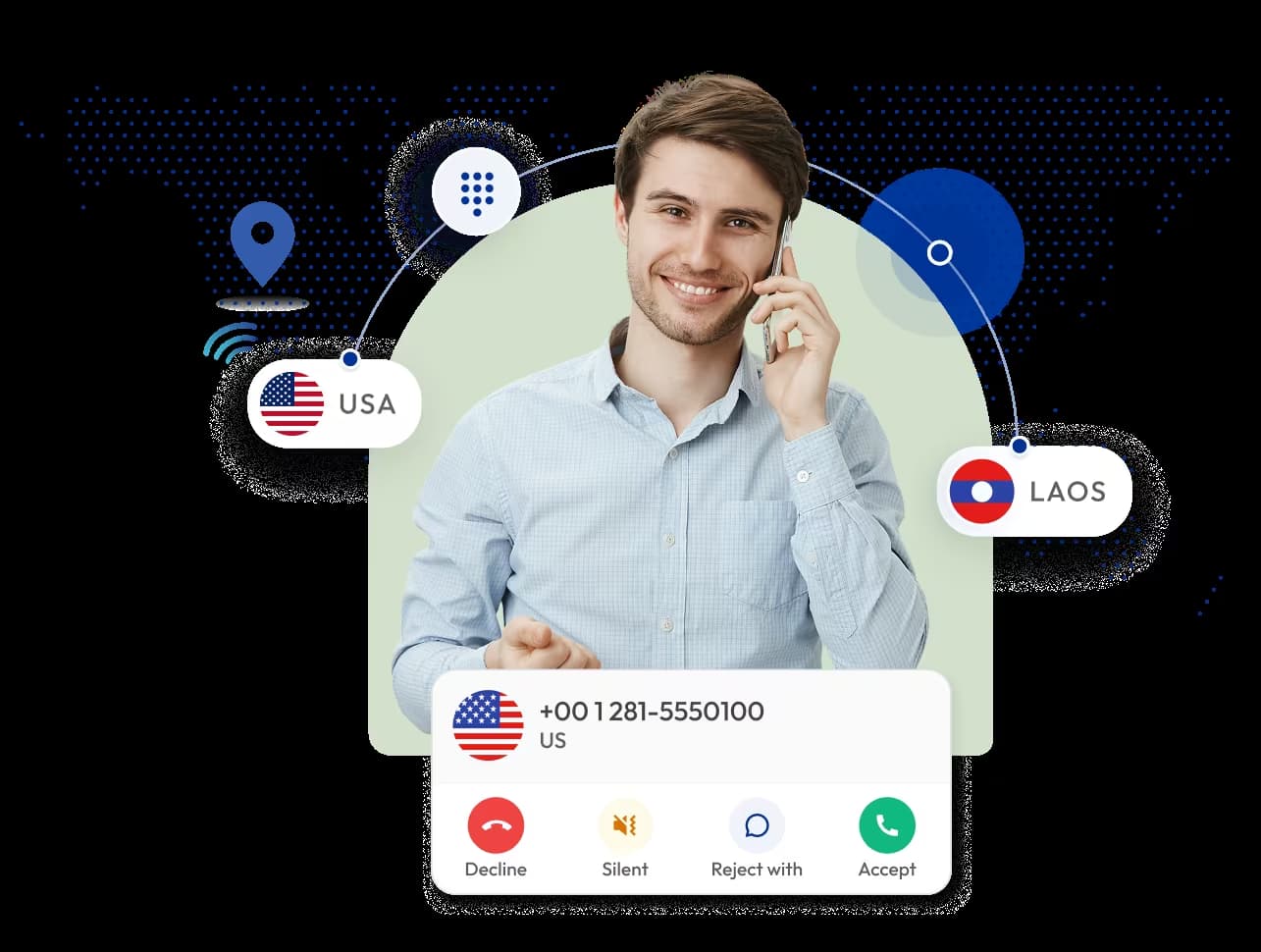 businessman using an international virtual phone number service to connect calls between usa and laos