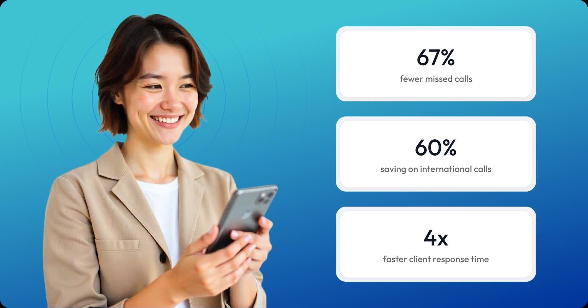 Smiling woman using smartphone with call performance statistics showing improved response time and reduced missed calls.