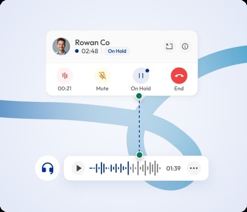 Call interface showing an active call placed on hold with music playback