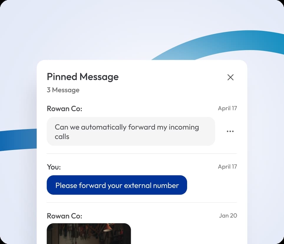 chat interface with pinned message and number forwarding request