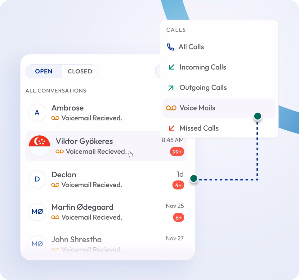 voicemail interface displaying a list of conversations with filters for call types