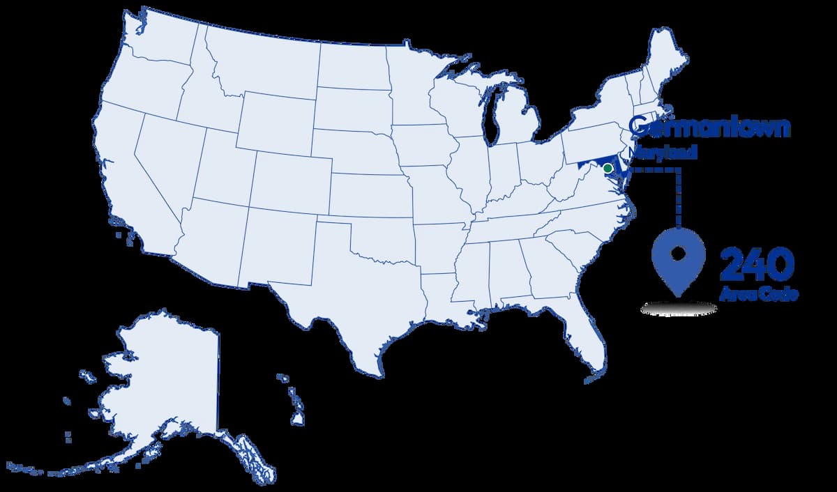 locating 240 area code in map