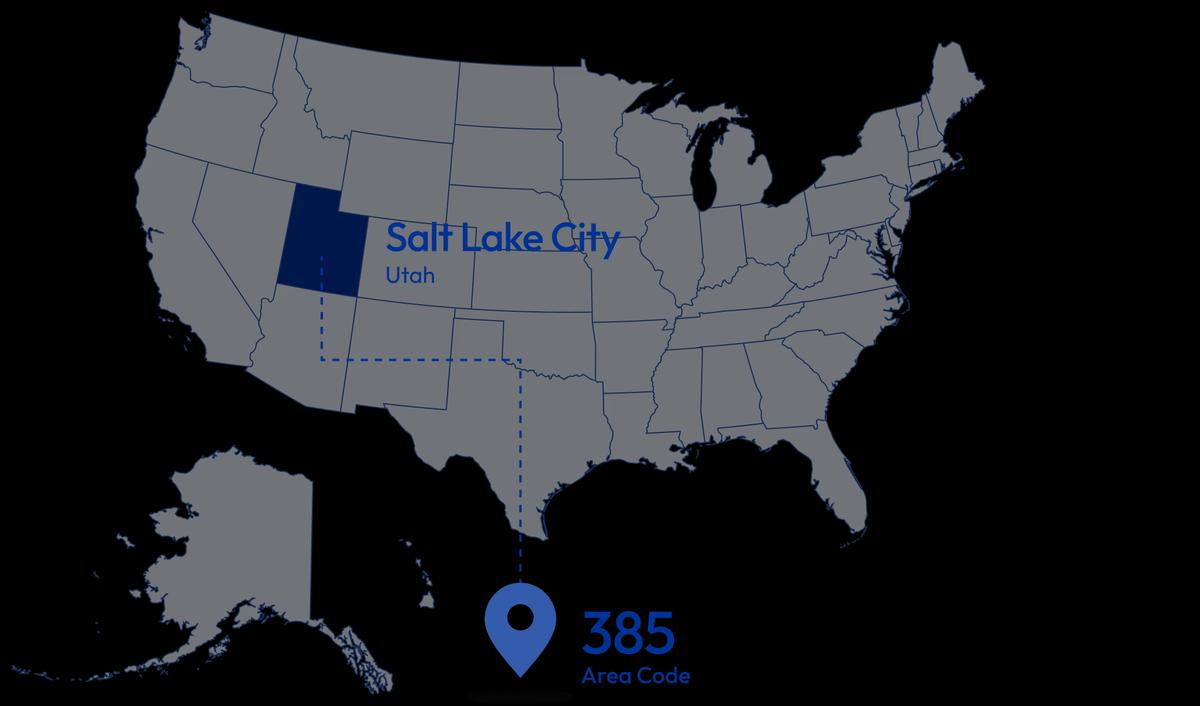 united states map highlighting utah with text salt sake city and 385 area code