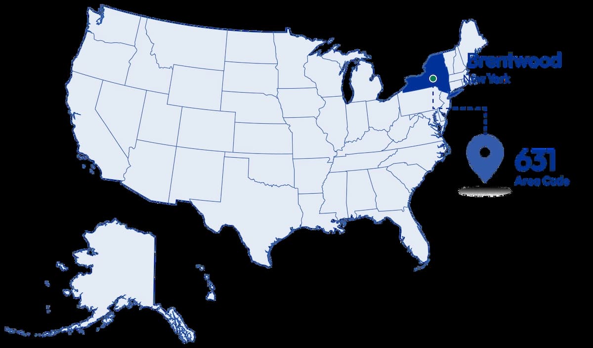 631 area code map showing Brentwood and nearby New York cities
