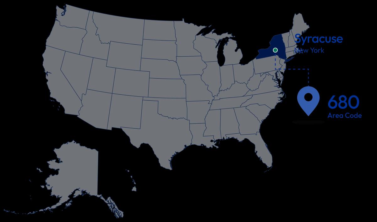 Map of New York State highlighting Syracuse and the 680 area code location