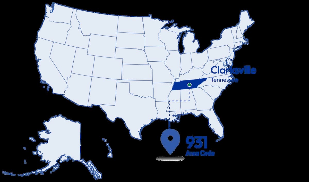map showing 931 area code coverage in clarksville tennessee usa