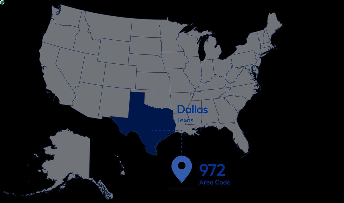 us map highlighting dallas texas area code 972