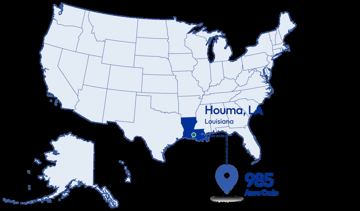 map of united states highlighting louisiana and 985 area code