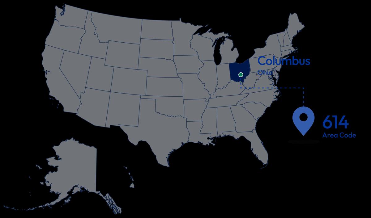 location of 614 area code in map